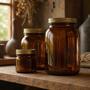 Amber glass jars in three sizes on a shelf