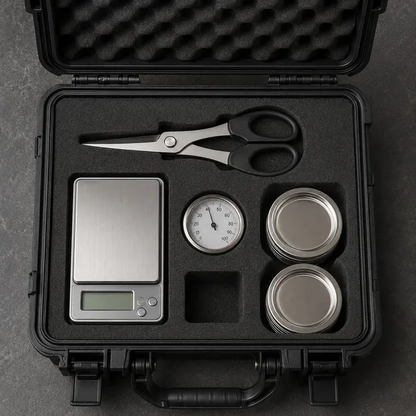 Foam-lined case with scale, gauge and tins