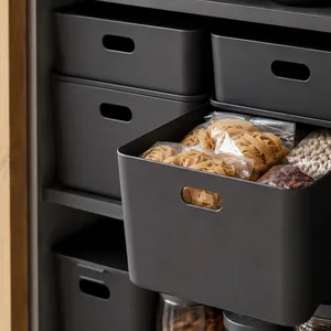 Stackable storage bins on shelves