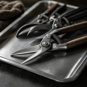 Pruning shears and trimming scissors on a steel tray