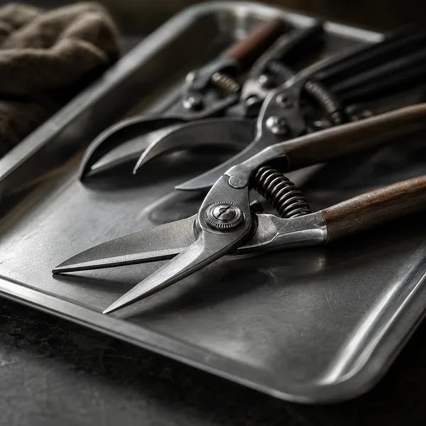 Pruning shears and trimming scissors on a steel tray