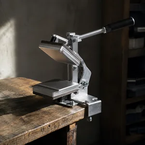 Manual rosin press on a workbench