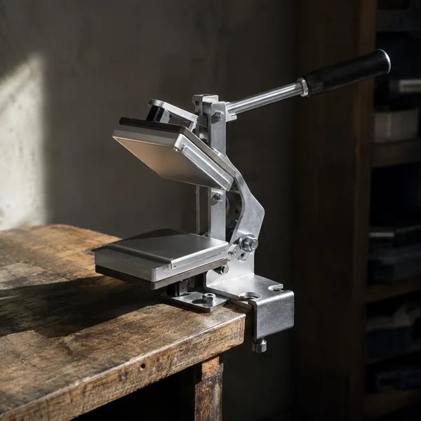 Manual rosin press on a workbench