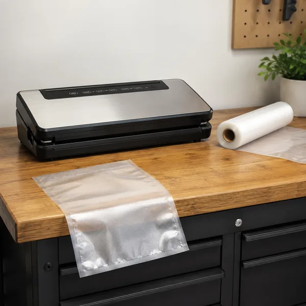 Vacuum sealer with bag roll on a counter