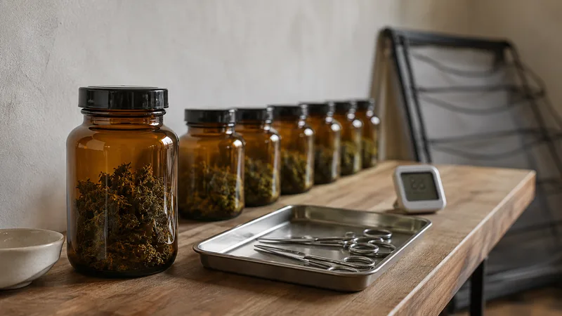 Amber curing jars, trimming scissors and a hygrometer on a workbench